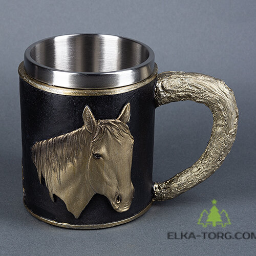  Кружка ЛОШАДЬ нерж.сталь/искусственный камень 14.5*10*11,2см, 430 мл       