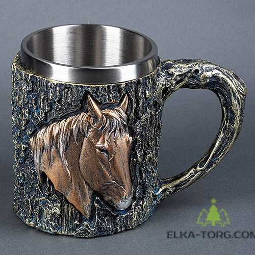  Кружка ЛОШАДЬ нерж.сталь/искусственный камень 14.5*10*11,2см, 430 мл        