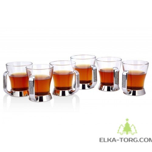  200 мл Набор из 6 чайных стаканчиков "Глиттер" с метал ручкой и подставке со стразами