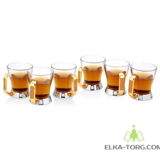 200мл Набор из 6 чайных стаканчиков &quot;Глиттер&quot; с метал ручкой и подставке со стразами, золото