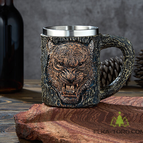  Кружка ТИГР нерж.сталь/искусственный камень 15*10*11,5см, 430 мл 