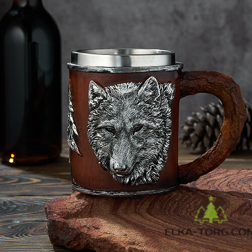  Кружка ВОЛК нерж.сталь/искусственный камень 15*10*11,5см, 430 мл  