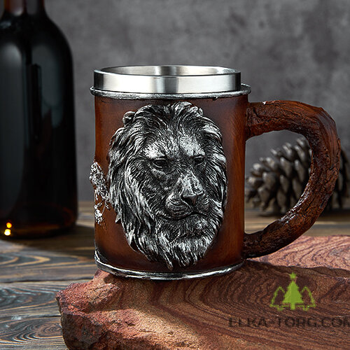  Кружка ЛЕВ нерж.сталь/искусственный камень 15*10*11,5см, 430 мл   