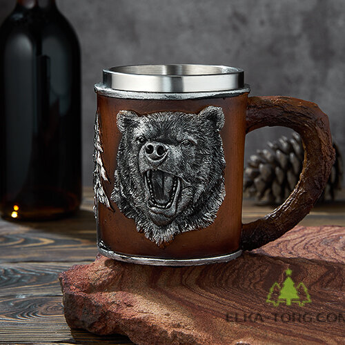  Кружка БУРЫЙ МЕДВЕДЬ нерж.сталь/искусственный камень 15*10*11,5см, 430 мл 